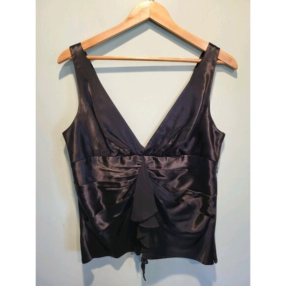 Vtg Black Satin Sleeveless V Neck Ruched Top Sz L Fairygrunge Whimsygoth - Picture 1 of 5